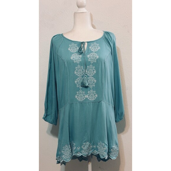 Ali Miles Women Size Large Embroidered Floral Tassel Tunic Top Boho Peasant - Picture 1 of 11